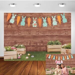 NWT Happy Easter Backdrop Spring Rabbit Carrot Green Grass Eggs  (8x6ft)
